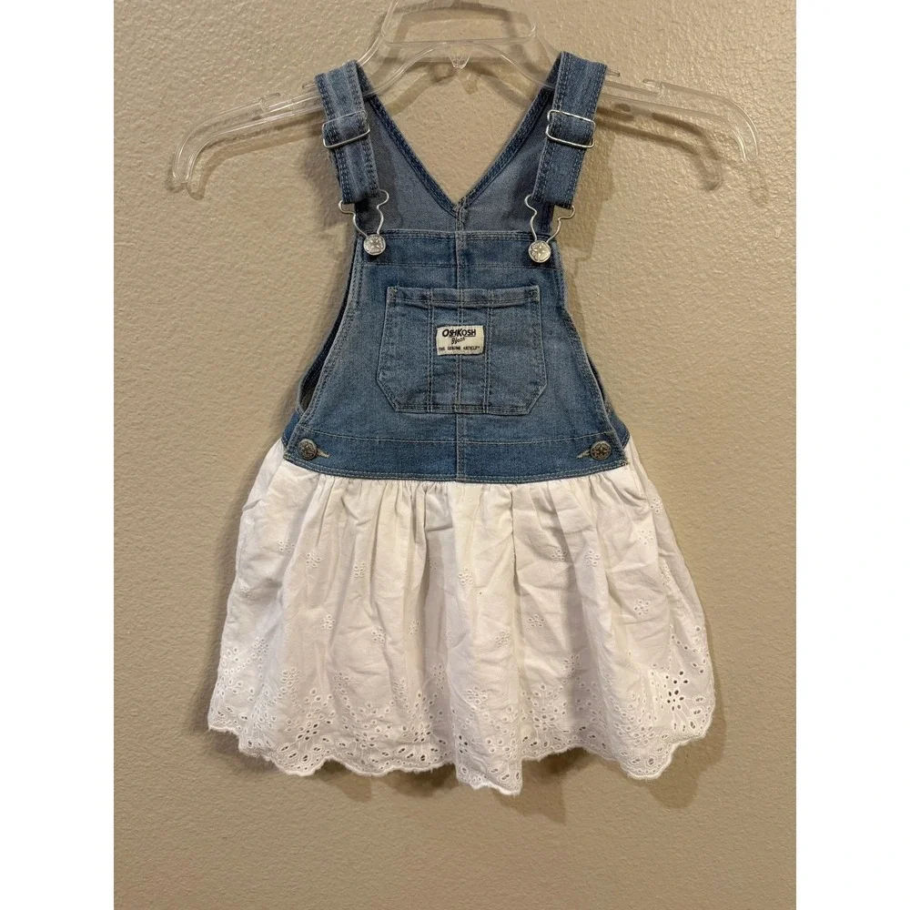 OshKosh Overall Dress Toddler 3T Blue White Excellent Eyelet Lace Denim Bib